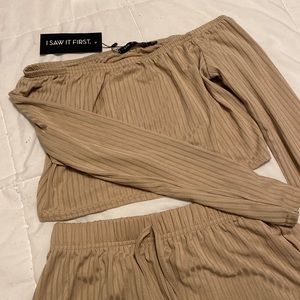 Tan Off the Shoulder Cropped Top and Shorts Set